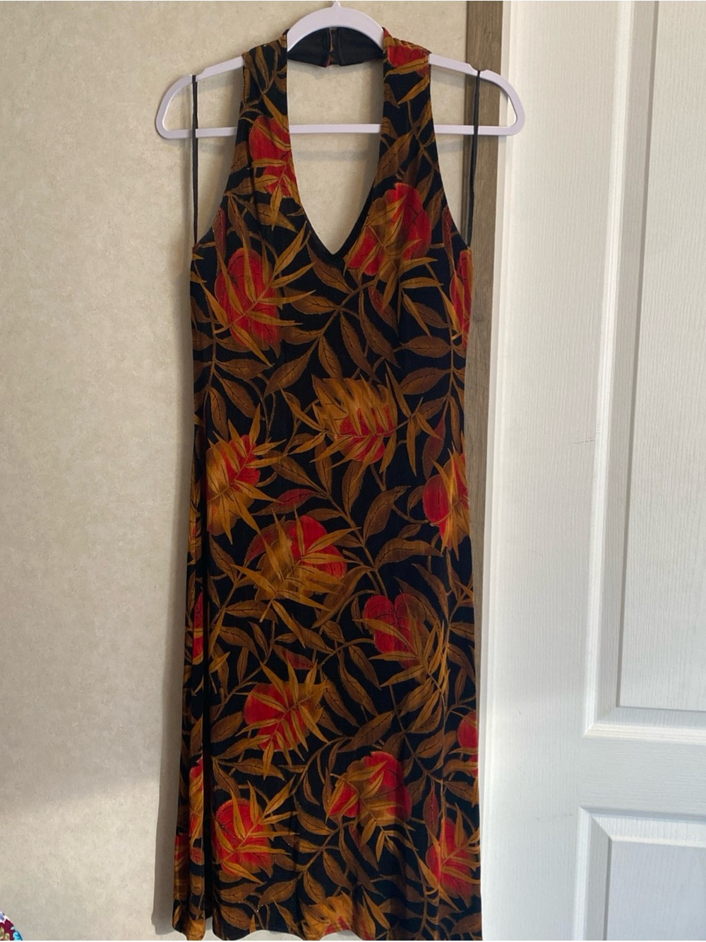 Vintage 90s Jessica Howard Tropical Halter Maxi Dress Gold Red Leaves Size 8
